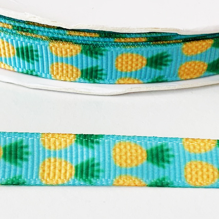 Printed ribbon Pineaple on turquise 10mm