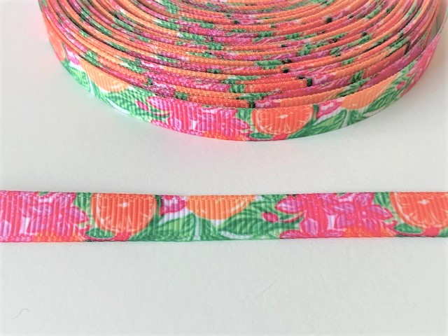 Printed ribbon Citrus and flowers 10mm