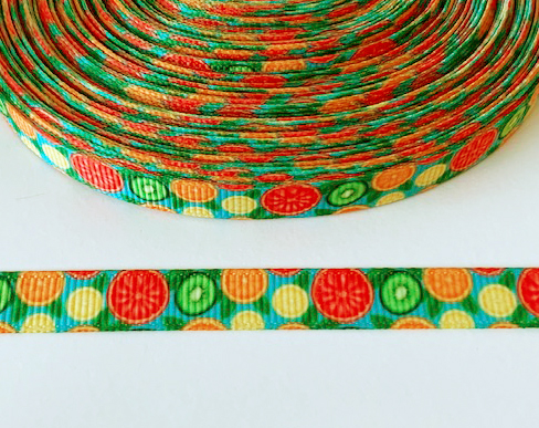 Printed ribbon fruits at turquise 10mm