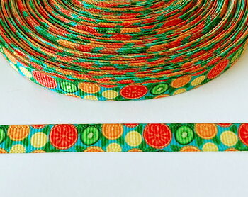 Printed ribbon fruits at turquise 10mm