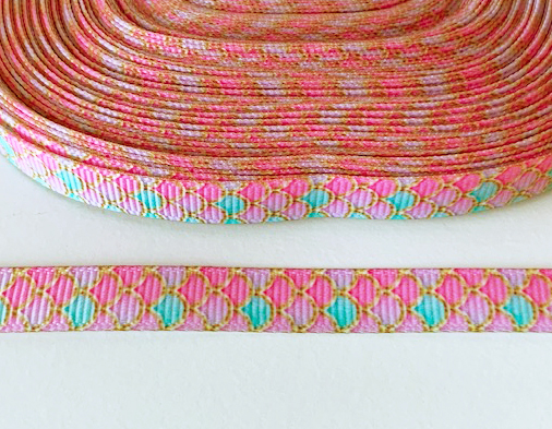 Printed ribbon pink turquise hills 10mm