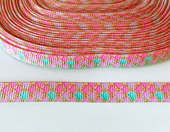 Printed ribbon pink turquise hills 10mm
