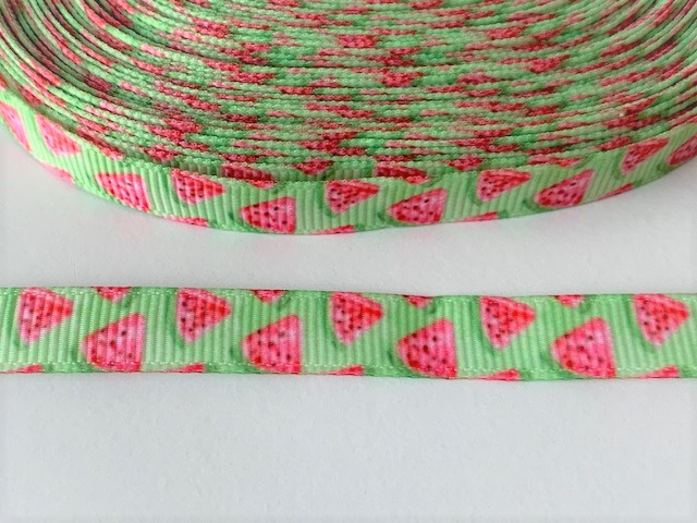 Tryckt band vattenmelon på grönt  10mm