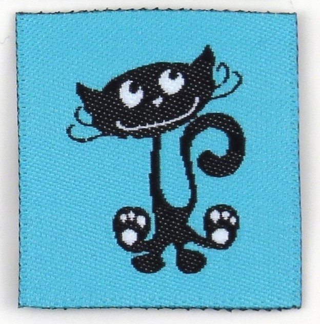 Woven straightcut label Cat on turquise - 2