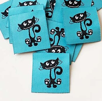 Woven straightcut label Cat on turquise