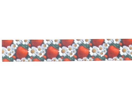  Tryckt band Jordgubbar & prästkragar 22mm