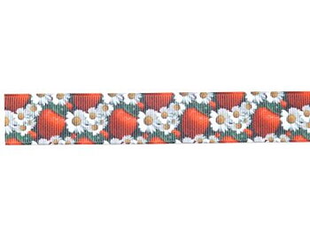 Tryckt band Jordgubbar & prästkragar 22mm