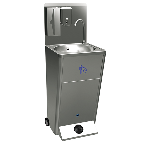 Mobile hand wash basin with waste paper bin,soap and paper dispenser, foot operated