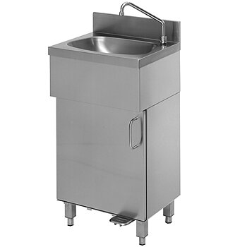 Hand wash basin on closed cabinet, foot operated