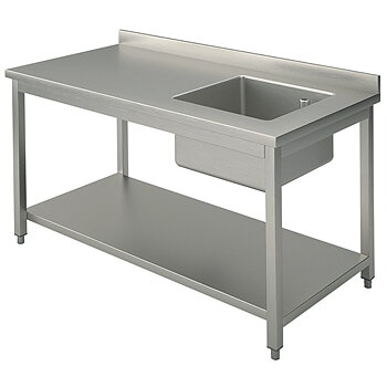 Work table with sink on the right, with upstand, with shelf