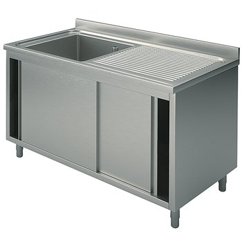 Sink unit on cupboard, 1 sink + right draining board, with sliding doors