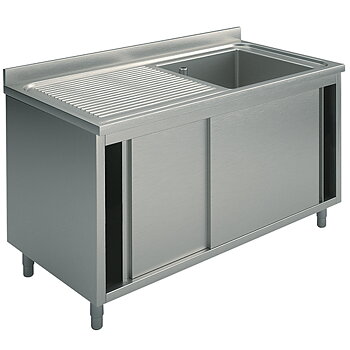 Sink unit on cupboard, 1 sink + left draining board, with sliding doors