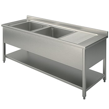 Sink unit, 2 sinks, right draining board, on legs, with lower shelf
