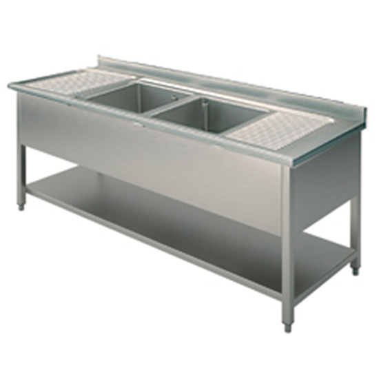 Sink unit, 2 sinks, 2 draining boards, on legs, with lower shelf, 2000x700 mm - 2