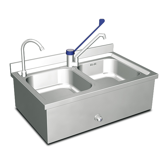 Wall-mounted hand wash basin with 2 sinks, 2 taps