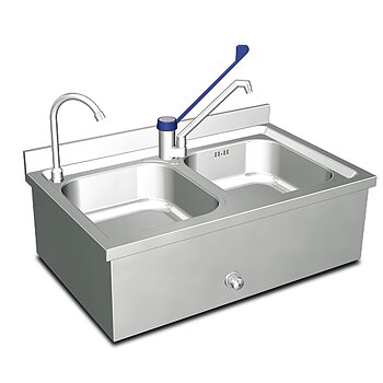 Wall-mounted hand wash basin with 2 sinks, 2 taps