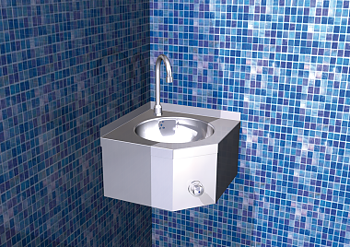 Wall-mounted corner hand wash basin, knee operated