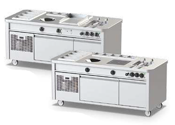 Mobile cooking station with induction wok,teppanyaki, pasta cooker, refrigerated undercounter