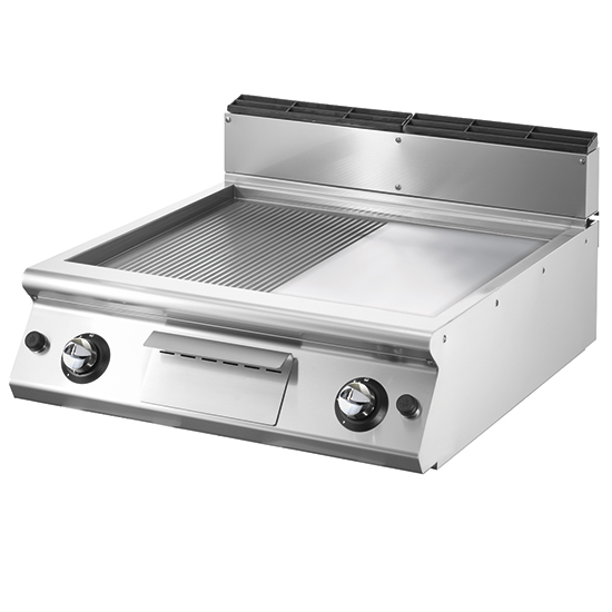 Gas griddle, top version, ½ smooth, ½ ribbed chromed plate