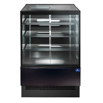 Hot display counter with 3 shelves and vertical front glass