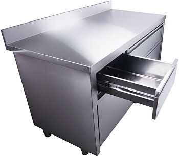 Workbench with 3 drawers and base cabinet with sliding doors and rear edge