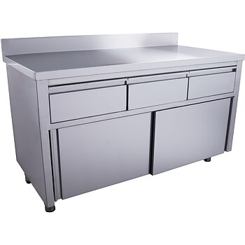 Workbench with 3 drawers and base cabinet with sliding doors and rear edge