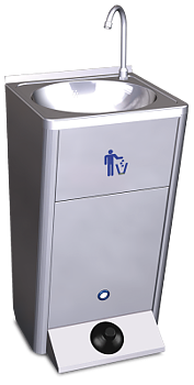 Mobile sink with paper basket, foot drier