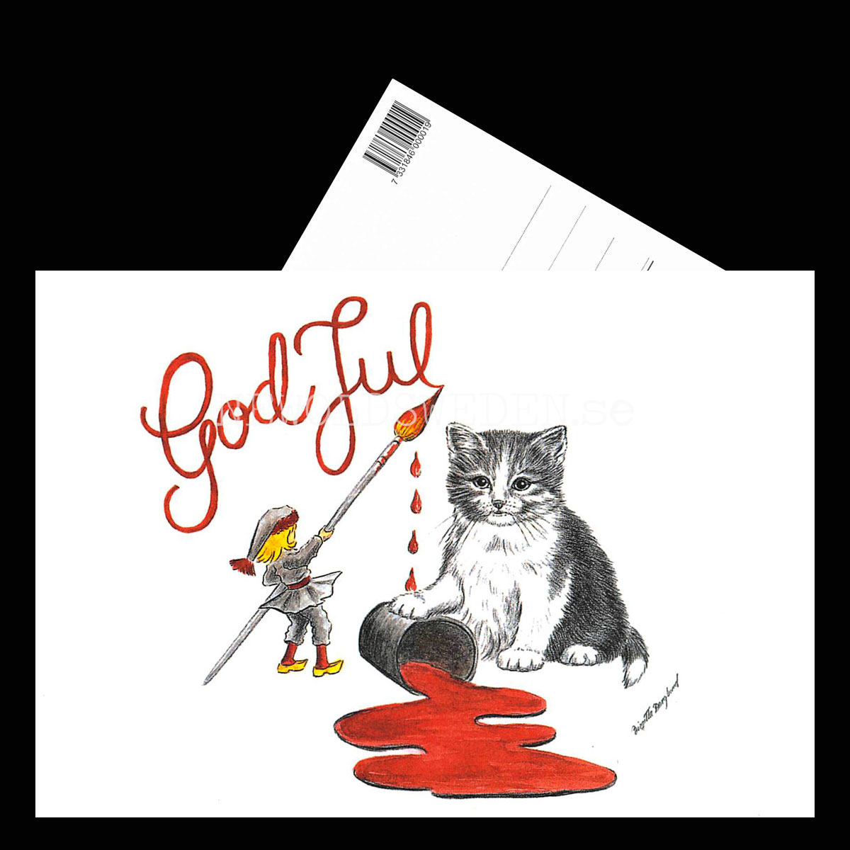 Julkort Nisse och Kattungen God Jul - Birgitta Berglund Nr: 13 - Vykort A5 - 3