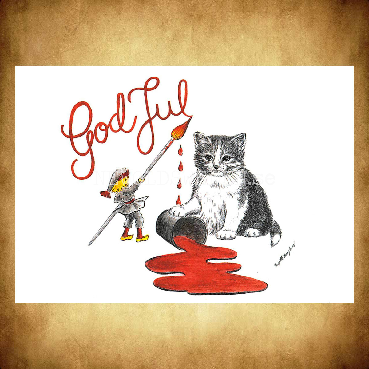 Julkort Nisse och Kattungen God Jul - Birgitta Berglund Nr: 13 - Vykort A5 - 2