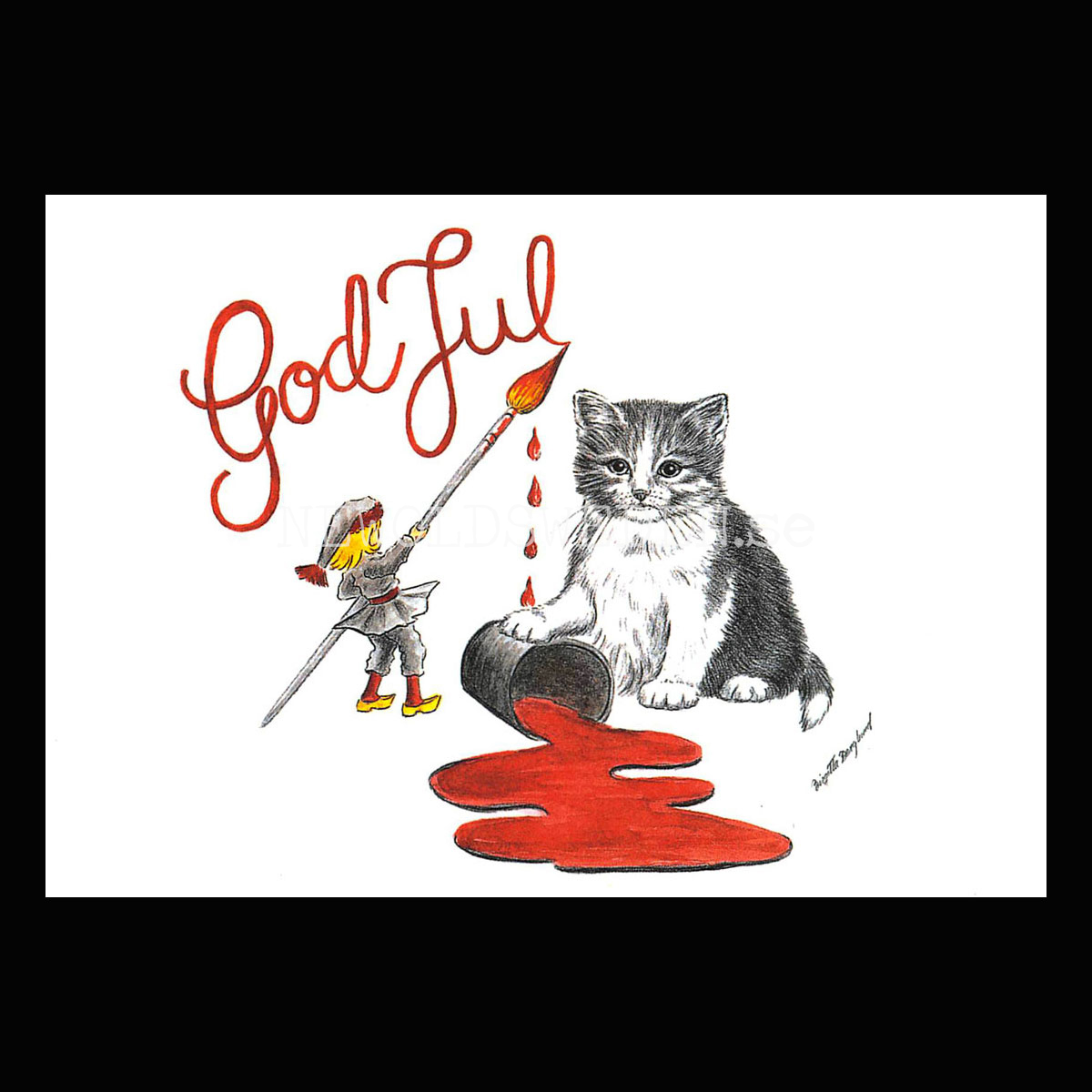 Julkort Nisse och Kattungen God Jul - Birgitta Berglund Nr: 13 - Vykort A5