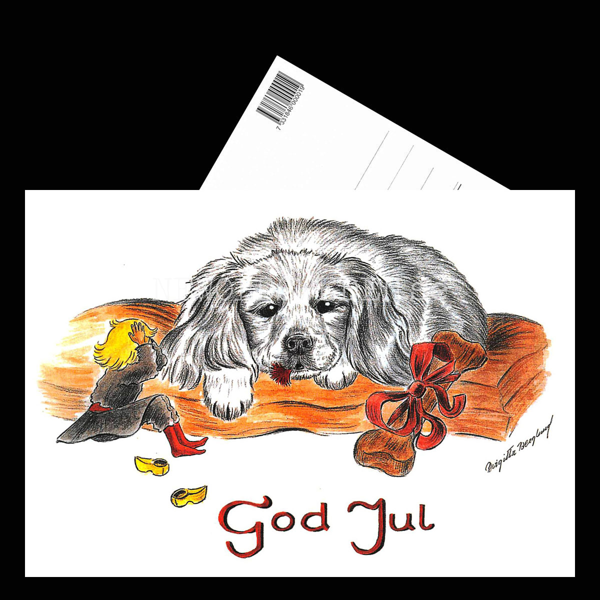 Julkort Nisse och Hundvalpen God Jul - Birgitta Berglund Nr: 15 - Vykort A5 - 3