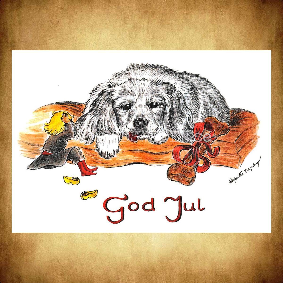 Julkort Nisse och Hundvalpen God Jul - Birgitta Berglund Nr: 15 - Vykort A5 - 2