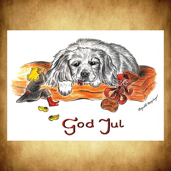 Julkort Nisse och Hundvalpen God Jul - Birgitta Berglund Nr: 15 - Vykort A5