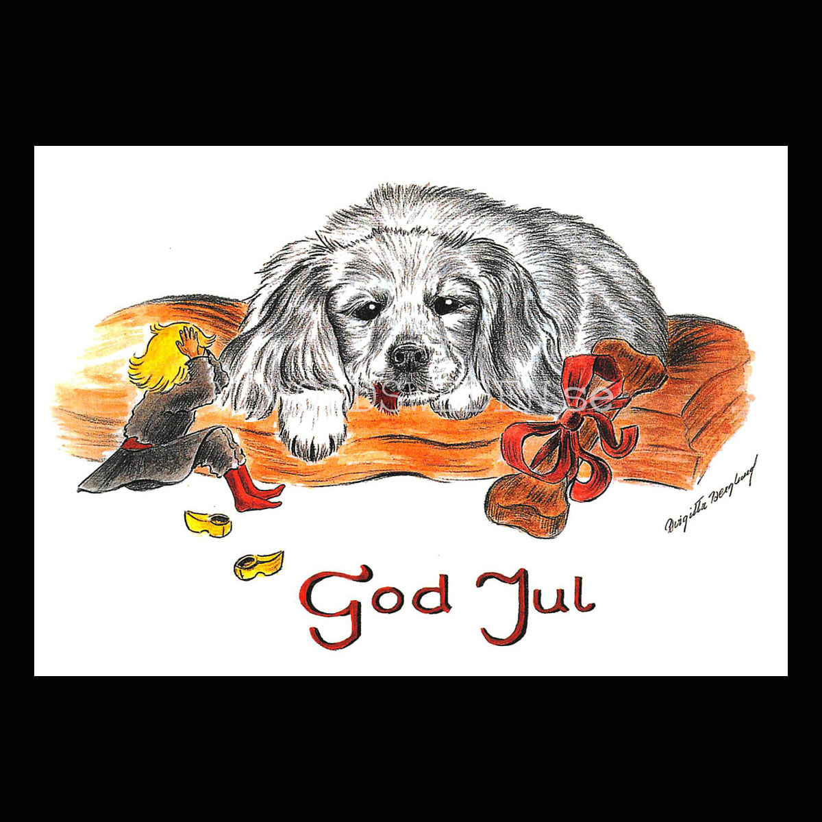 Julkort Nisse och Hundvalpen God Jul - Birgitta Berglund Nr: 15 - Vykort A5
