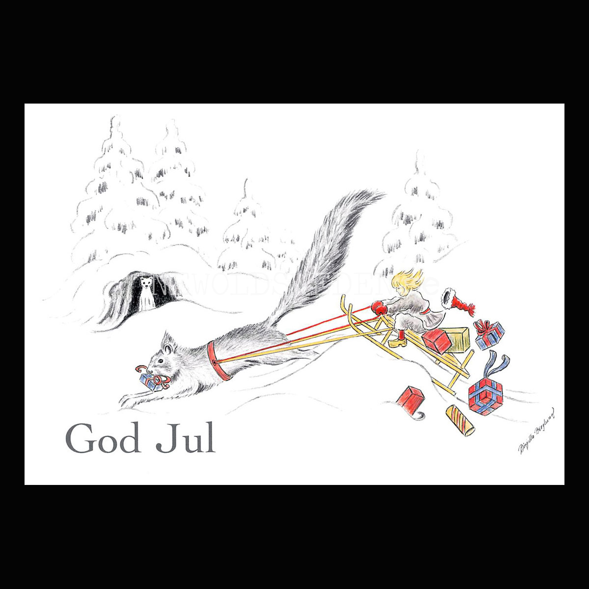 Julkort Nisse och Ekorren God Jul - Birgitta Berglund Nr: 22 - Vykort A5