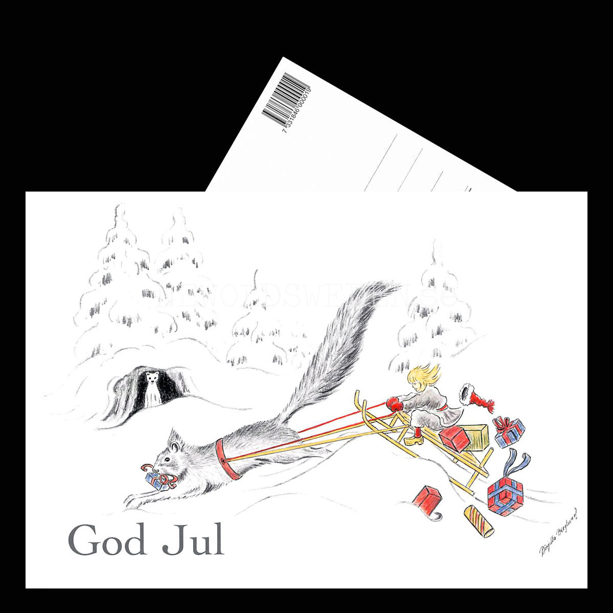 Julkort Nisse och Ekorren God Jul - Birgitta Berglund Nr: 22 - Vykort A5 - 3