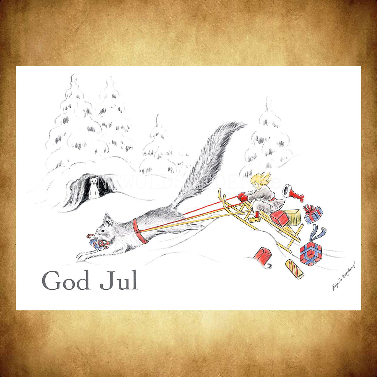 Julkort Nisse och Ekorren God Jul - Birgitta Berglund Nr: 22 - Vykort A5 - 2