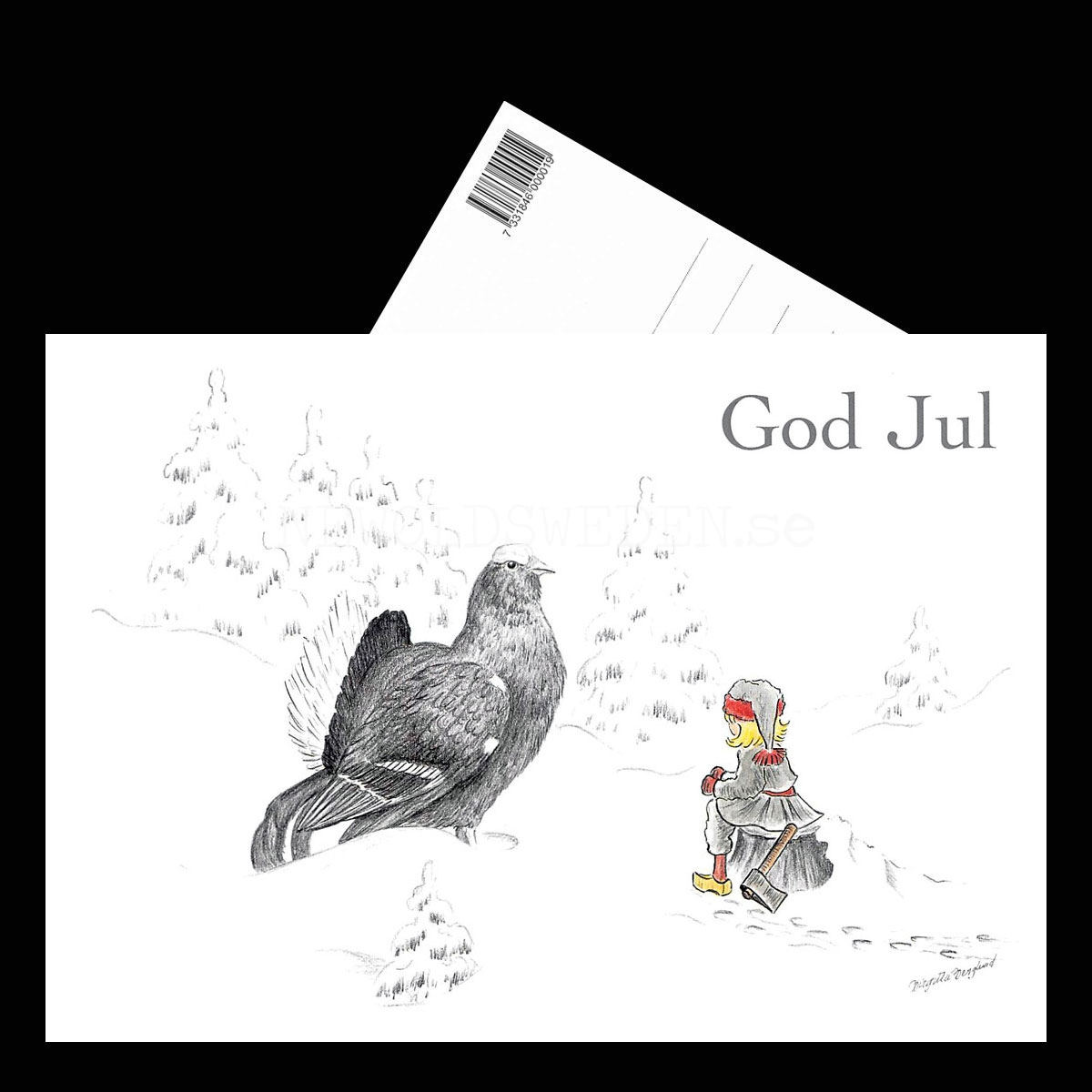 Julkort Nisse och Tjäder God Jul - Birgitta Berglund Nr: 23 - Vykort A5 - 3