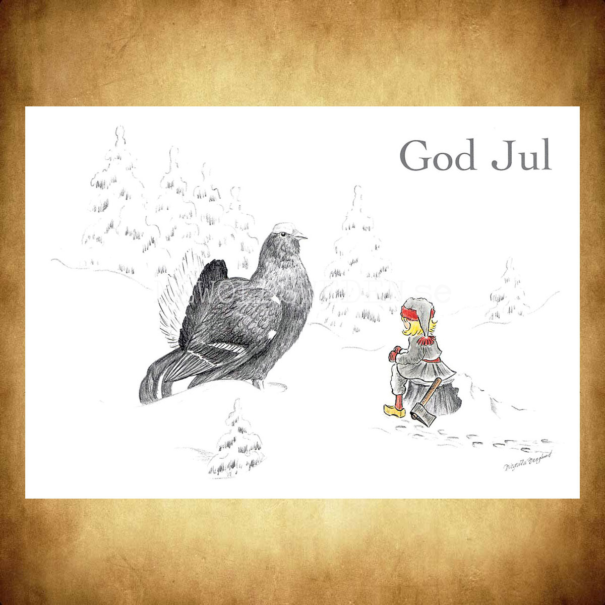Julkort Nisse och Tjäder God Jul - Birgitta Berglund Nr: 23 - Vykort A5 - 2