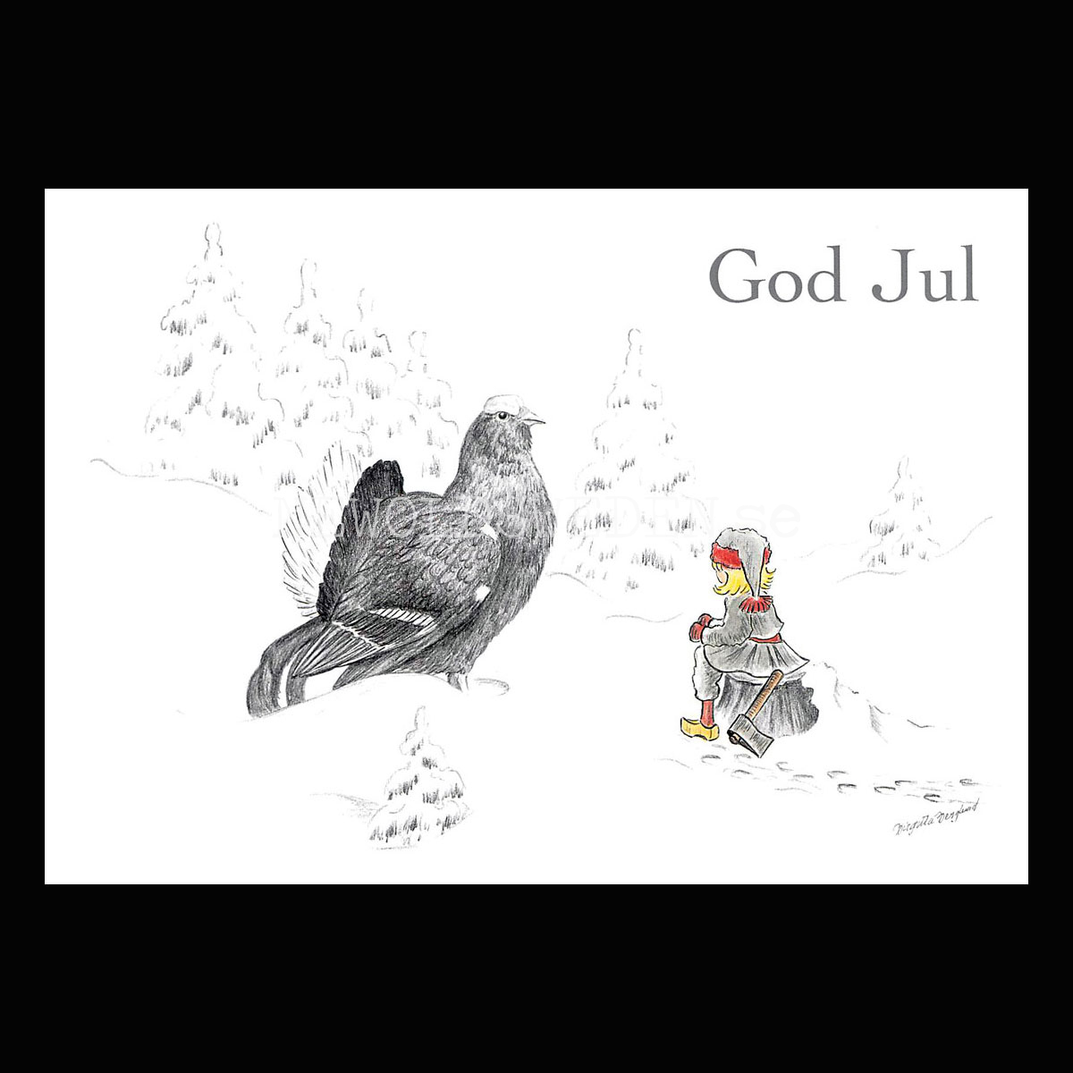 Julkort Nisse och Tjäder God Jul - Birgitta Berglund Nr: 23 - Vykort A5