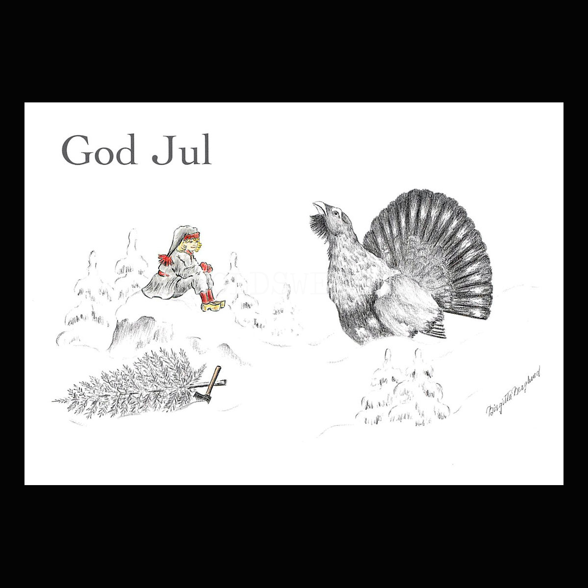 Julkort Nisse och Tjäder God Jul - Birgitta Berglund Nr: 24 - Vykort A5