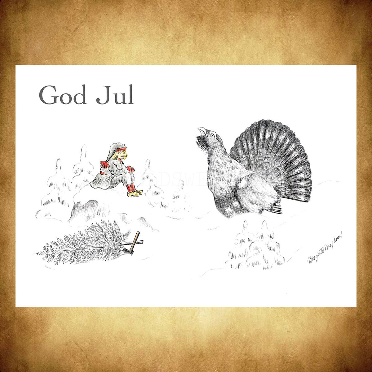 Julkort Nisse och Tjäder God Jul - Birgitta Berglund Nr: 24 - Vykort A5 - 2