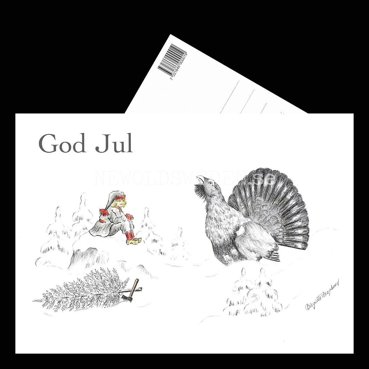 Julkort Nisse och Tjäder God Jul - Birgitta Berglund Nr: 24 - Vykort A5 - 3