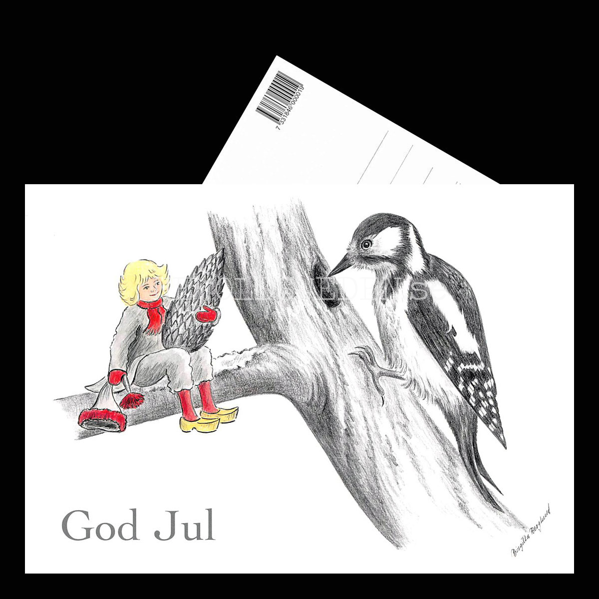 Julkort Nisse och Hackspetten God Jul - Birgitta Berglund Nr: 25 - Vykort A5 - 3