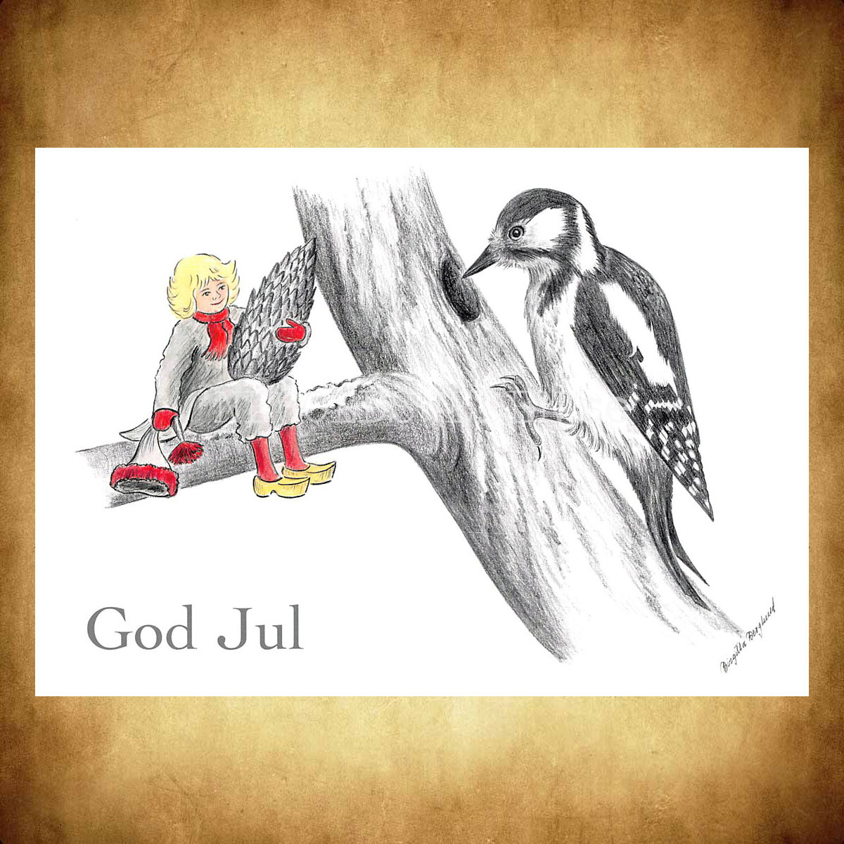 Julkort Nisse och Hackspetten God Jul - Birgitta Berglund Nr: 25 - Vykort A5 - 2