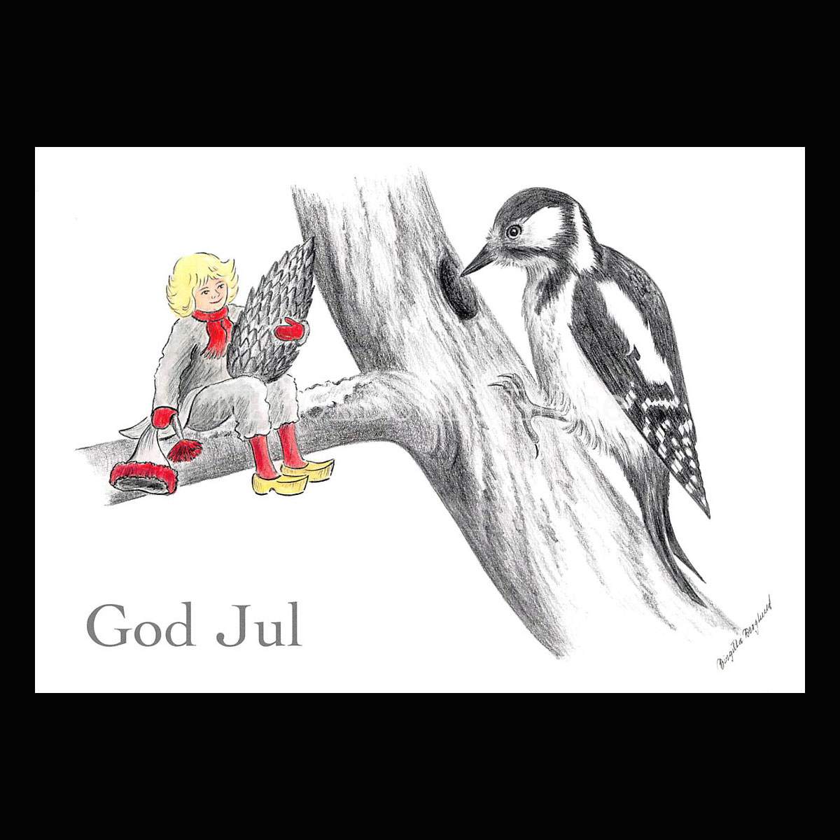 Julkort Nisse och Hackspetten God Jul - Birgitta Berglund Nr: 25 - Vykort A5
