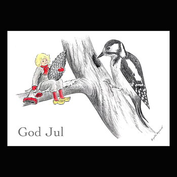 Julkort Nisse och Hackspetten God Jul - Birgitta Berglund Nr: 25 - Vykort A5