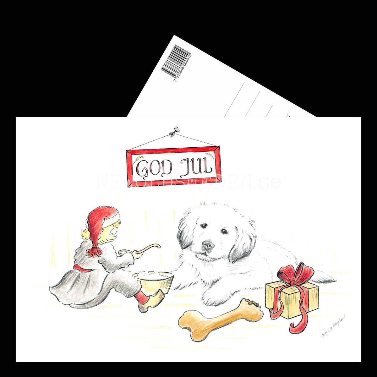 Julkort Nisse och Hundvalpen God Jul - Birgitta Berglund Nr: 26 - Vykort A5 - 3