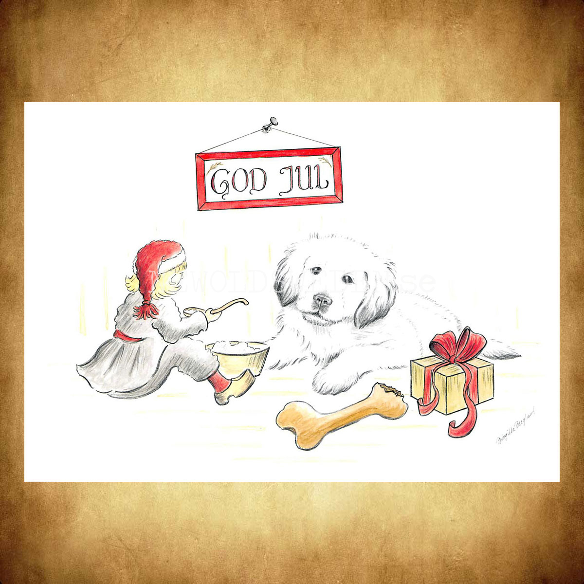 Julkort Nisse och Hundvalpen God Jul - Birgitta Berglund Nr: 26 - Vykort A5 - 2