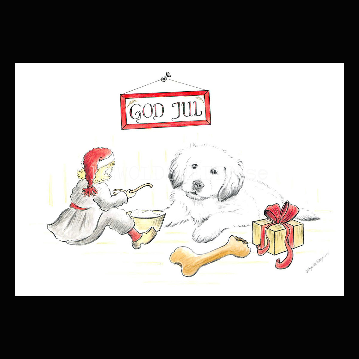 Julkort Nisse och Hundvalpen God Jul - Birgitta Berglund Nr: 26 - Vykort A5